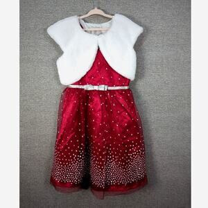 Jona Michelle Girl’s Red/Silver Sparkle Party Dress White Velour Bolero SZ 8